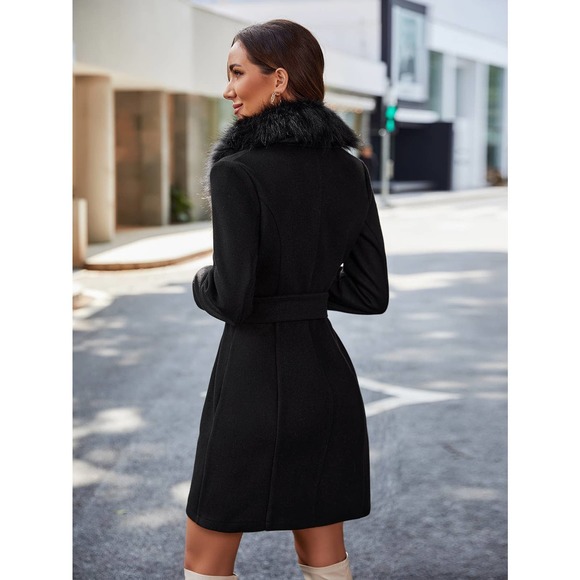 glam Contrast Fuzzy Collar Belted Overcoat pea coat peacoat pink  long line - Picture 7 of 9